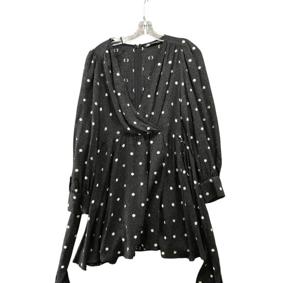 Zara Long Sleeve Mini Dress Size M Gray White Polka Dot Surplice Tie Waist - Picture 1 of 11
